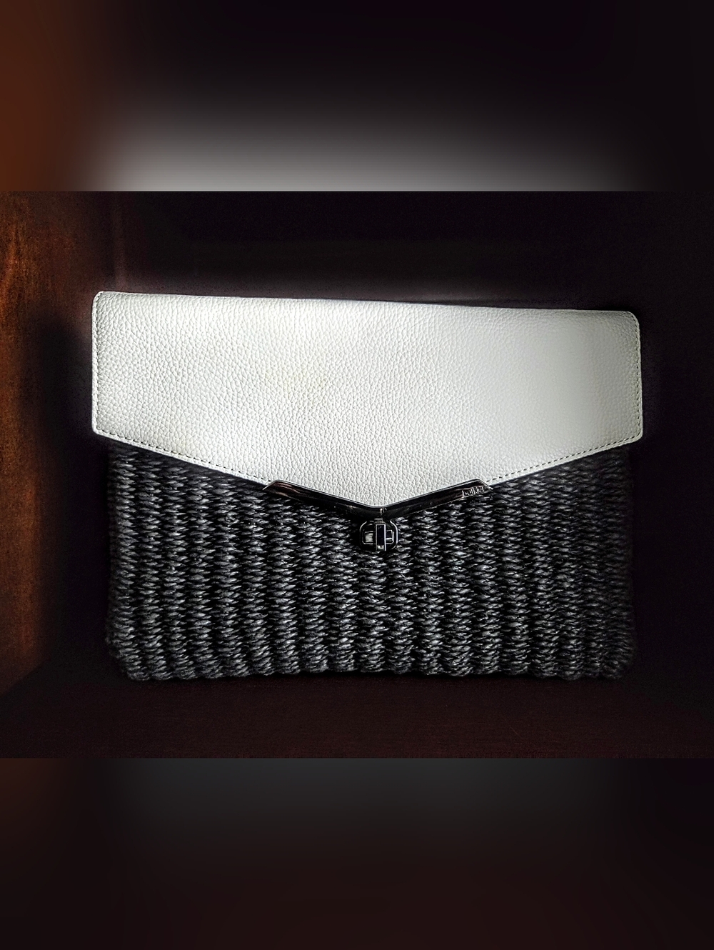 Botkier White Pebbled Leather And Black Woven Straw Envelope Clutch